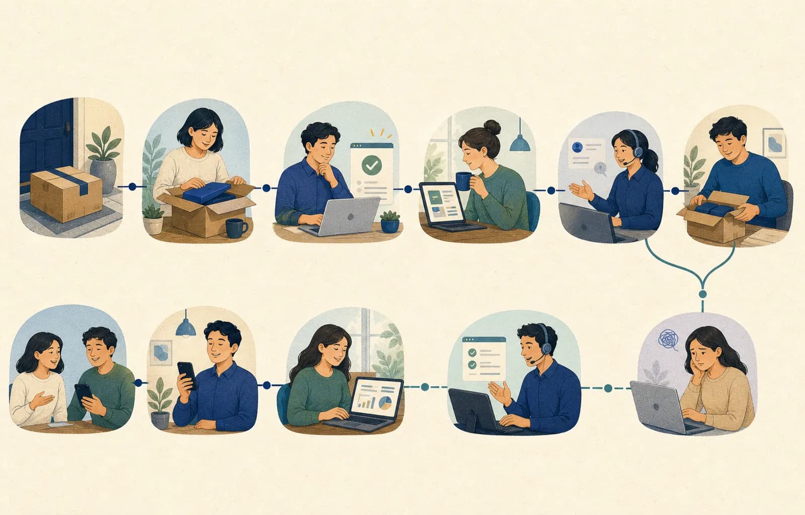 첫 구매와 온보딩, 첫 성공, 반복 사용, 지원, 재구매와 회복이 장기 고객 관계로 이어지는 그림