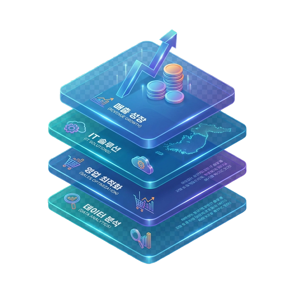 매출 성장, IT 솔루션, 영업 최적화, 데이터 분석을 나타낸 구조 이미지